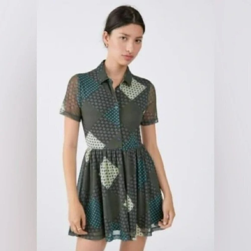 Urban Outfitters UO Dottie Mini Shirt Dress Green Mesh